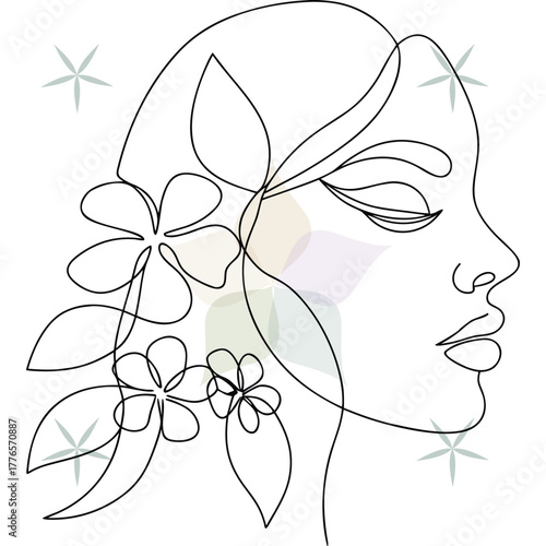 Continuous line art a woman's profile with flowers in her hair abstract beauty single lineart