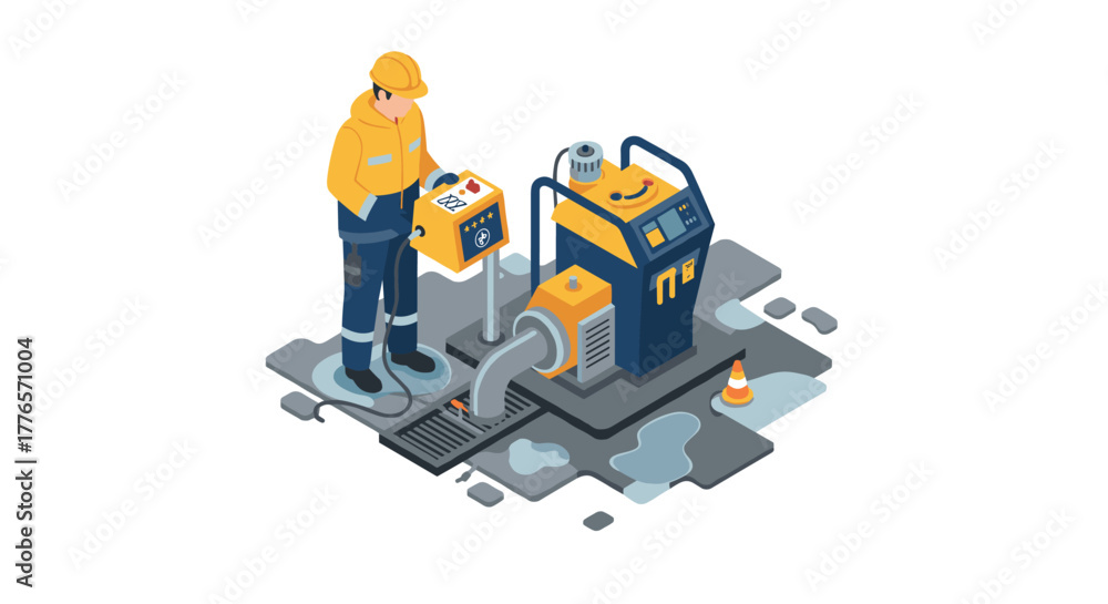 Obraz premium Worker operating industrial pumping equipment on site illustration