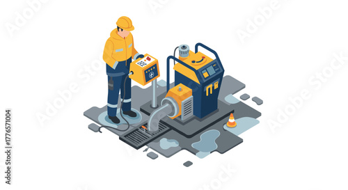 Worker operating industrial pumping equipment on site illustration