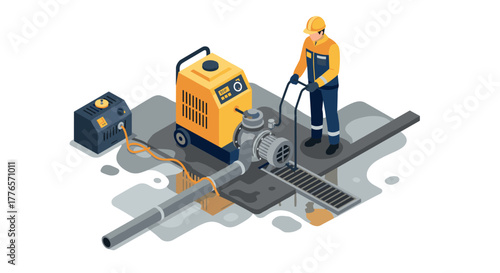 Worker operating industrial pump in safety gear on construction site isometric design