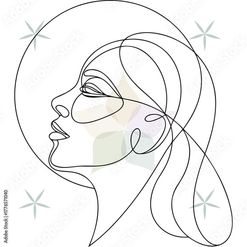Single line drawing a woman's profile with a circular halo decorative stars abstract beauty single lineart