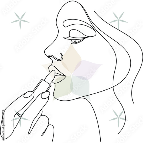 Continuous line art a woman applying lipstick with a decorative star abstract beauty single lineart