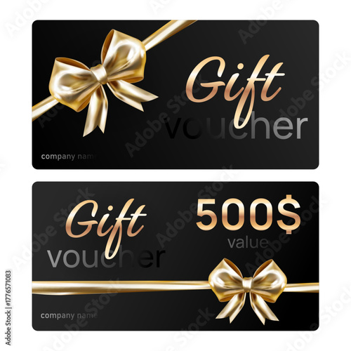 Luxury gift voucher design with black background with realistic gold ribbon and bow, elegant typography, for high-end branding, gift cards, promotions,offers, coupons, online store certificates.Vector