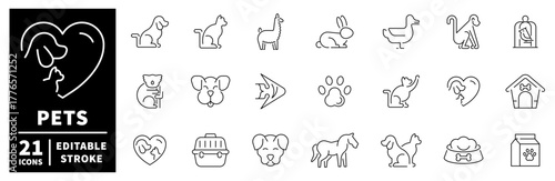 Pets icons set. editable line icons, outline, animal and domestic companion symbols