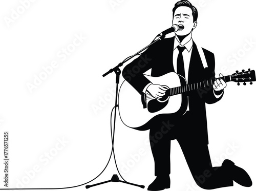 Man kneeling, singing with acoustic guitar, live music performance, emotional concert moment, microphone stand, black suit, dramatic stage energy