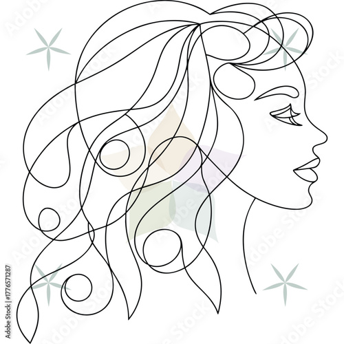 Continuous line art a woman's profile with flowing wavy hair floral accents abstract beauty single lineart