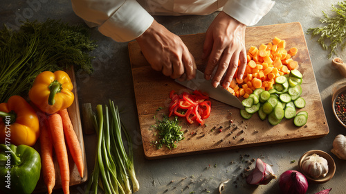Wallpaper Mural Chef chopping colorful vegetables including peppers, carrots, and cucumbers on a wooden cutting board in a bright kitchen, showing freshness and detail. Torontodigital.ca