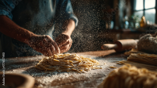 Wallpaper Mural Hands sprinkling flour over pasta dough on a wooden table, golden evening light highlighting texture, movement, and authentic kitchen atmosphere. Torontodigital.ca