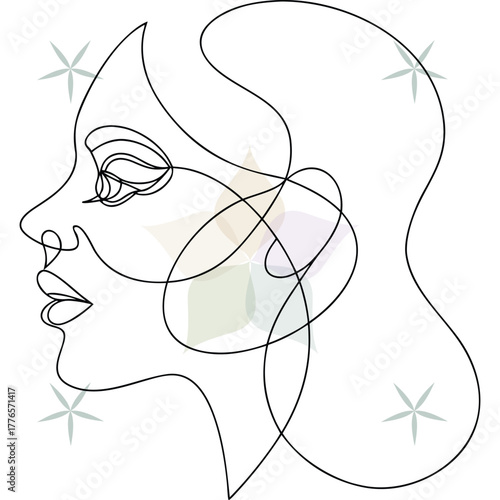 Abstract Line Art Profile a Woman with Flowing Hair Floral Accents face abstract beauty single lineart