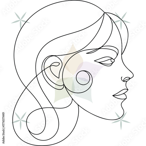 Elegant Line Art Profile a Woman with Wavy Hair Floral Accents face portrait abstract beauty single lineart