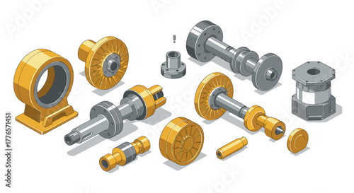 Detailed isometric mechanical components with industrial parts and engineering elements