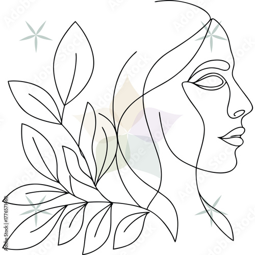 Line Art Profile a Woman with Botanical Leaves Floral Accents face portrait abstract beauty single lineart