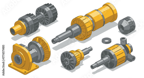 Isometric gear components set with detailed mechanical parts and engineering precision