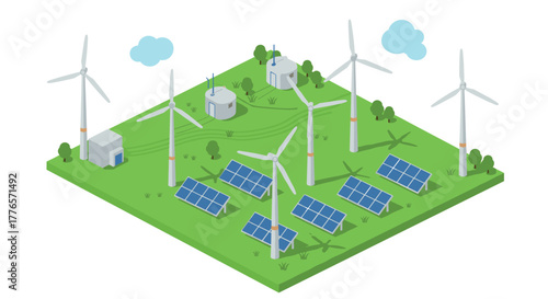Renewable energy park with wind turbines and solar panels in isometric design