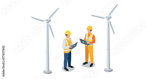 Isometric workers analyzing data on laptop near wind turbines for renewable energy