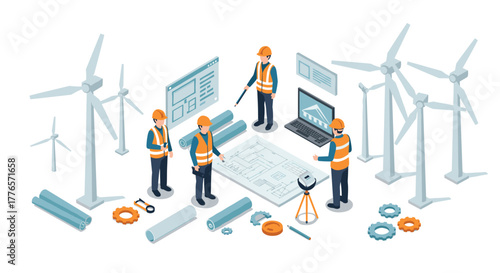 Wind turbine construction planning with engineers in isometric design