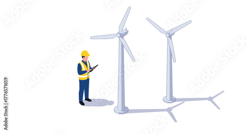 Engineer monitoring wind turbines in minimalistic isometric style