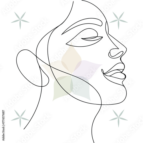 Minimalist continuous line drawing a woman's profile with subtle floral accents abstract beauty single lineart