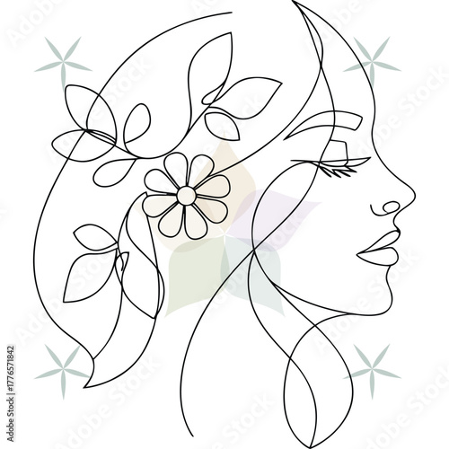 Minimalist line art a woman's profile with flower leaves in her hair face abstract beauty single lineart