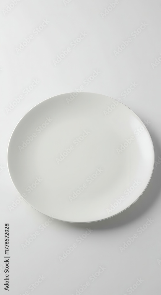 Fototapeta premium Plain white circular ceramic dish rests against a bright, neutral background