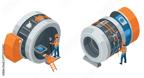 Engineers working on futuristic machinery in detailed isometric design