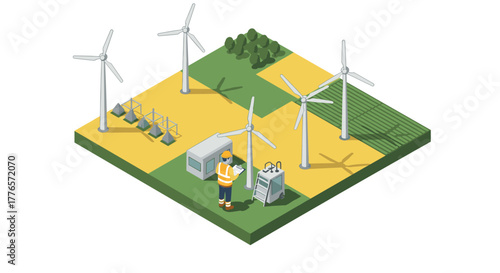Wind farm energy production in isometric design with engineer and turbines