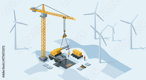 Construction site with crane and workers near wind turbines in isometric style