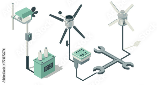 Isometric eco energy setup with wind turbines and power equipment