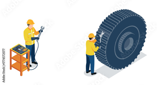 Isometric design of engineers working on gear repair with tools