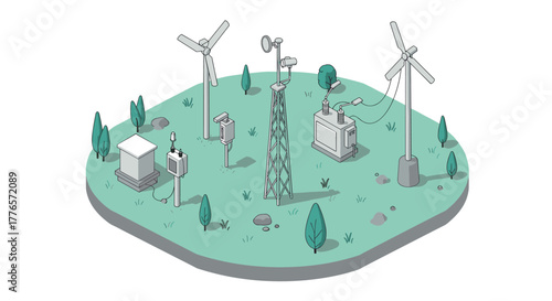 Isometric renewable energy station with wind turbines and communications tower