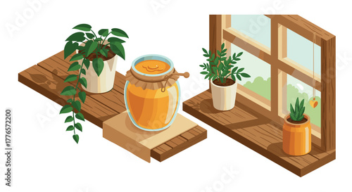 Cozy kitchen scene with honey jar and potted plants on wooden shelves by sunny window