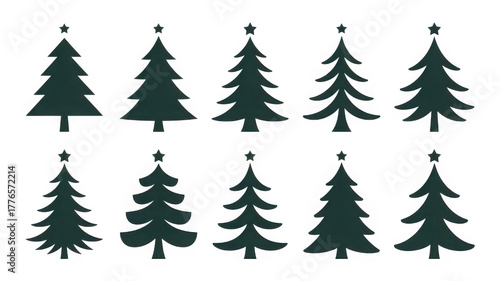 Collection of stylized green christmas trees isolated on transparent background