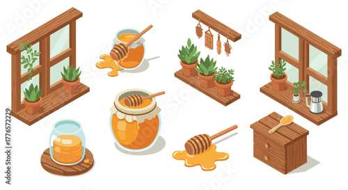 Cozy kitchen scene with honey jars and herbs in rustic wooden shelves and windows