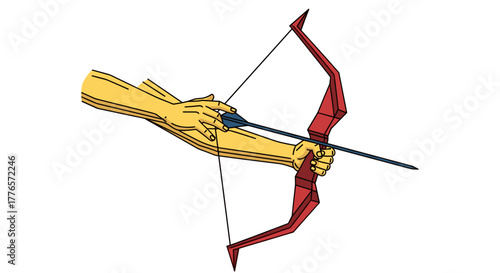 Animated hand pulling back arrow in a red geometric bow  
