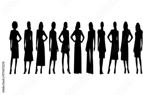 Silhouette collection of female fashion models in different poses standing in row, stylish women figure set for elegance, beauty and fashion design
