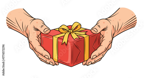 Hands offering a red gift box with yellow ribbon  