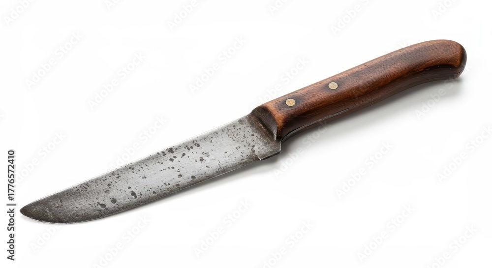 Fototapeta premium Old, well-used utility knife with a dark wooden handle rests on a clean white surface