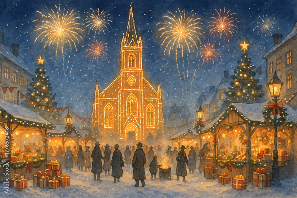 Obraz premium Vintage Christmas Market Square with Illuminated Church and Festive Gathering - Traditional Holiday Town Scene