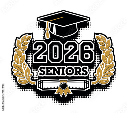 Lettering Senior 2026 with laurel wreath for greeting, invitation card. Text for graduation design, congratulation event, T-shirt, party, high school or college graduate. Vector