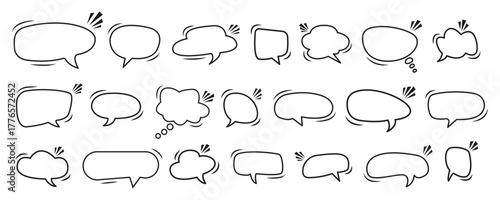 Set of blank empty speech bubbles doodle style. Text, chat, message box. Floating bubbles vector illustration and png transparent