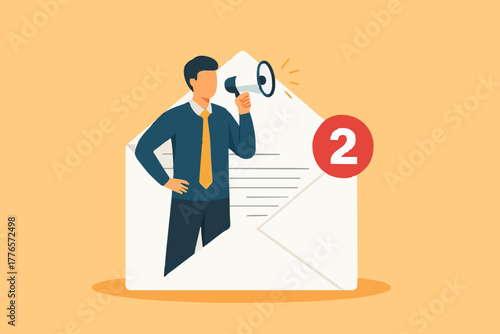 Email marketing, CRM, subscription on web and sending email newsletter for discount or promotion information concept, businessman standing in email envelope announcing promotion via megaphone.