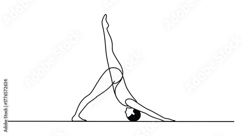 continuous line drawing of a woman performing three-legged downward dog yoga pose – minimalist illustration for strength and flexibility