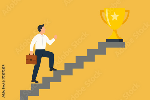 Small steps to success, challenges to achieve success targets, patience and persistence concept, businessman walk up small step stair to reach trophy reward.