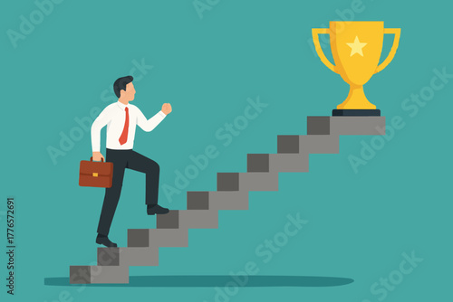Small steps to success, challenges to achieve success targets, patience and persistence concept, businessman walk up small step stair to reach trophy reward.