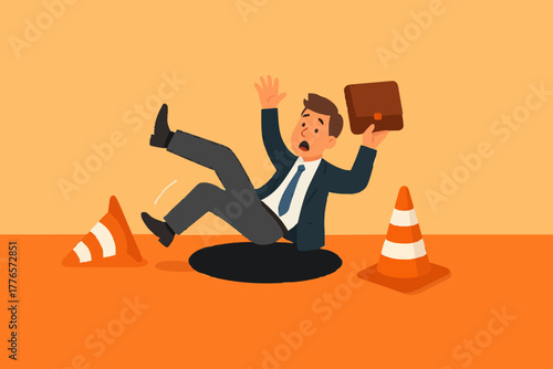 Failure or mistake leading to disaster despair, problems from crisis, business accident, frightened businessman falling into a hole.