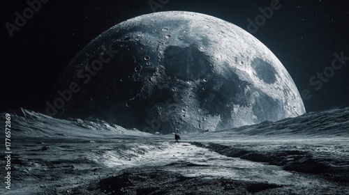 vast moonscape under colossal cratered moon
-