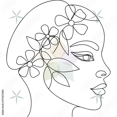 Minimalist continuous line art a woman's profile adorned with flowers leaves abstract beauty single lineart