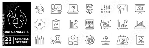 Data analysis editable line icons set. linear style for statistics and chart design