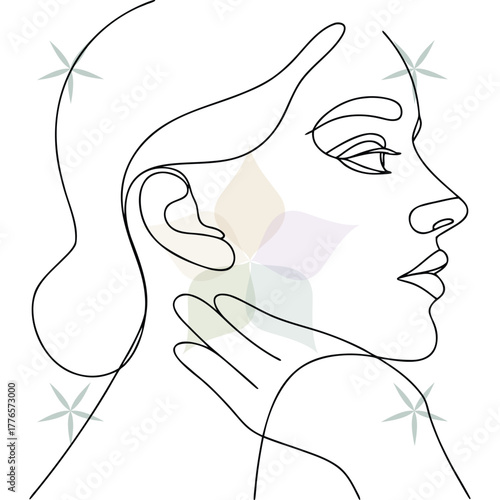 Elegant Line Art Woman Profile With Hand Touching Neck Flowers face minimalist abstract beauty single lineart