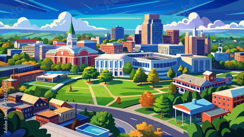 Very beautiful aerial view of Lexington, Kentucky on a clear, bright late summer day, showcasing the cityscape, lush greenery, and surrounding landscape under a vivid blue sky.